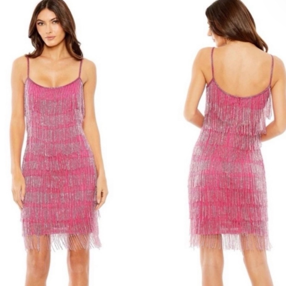 Mac Duggal Pink Fringe Slip Dress with Metallic Accents